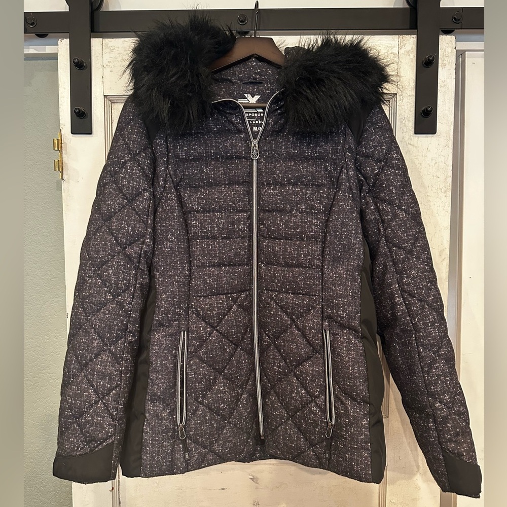 Women’s Quilted Hooded Winter Coat with Faux Fur Trim - Black Heather